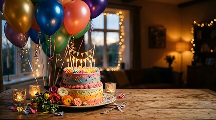 Colorful two-tier rainbow birthday cake with lit candles and festive balloons