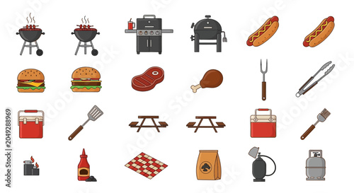 Fotografija Barbecue Grill Set: Hot Dogs, Burgers, Food, Tools, Picnic Items