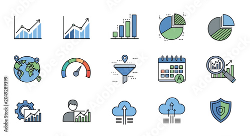 Data Analysis Icons Set: Charts, Graphs, Analytics, Cloud, Calendar, Business