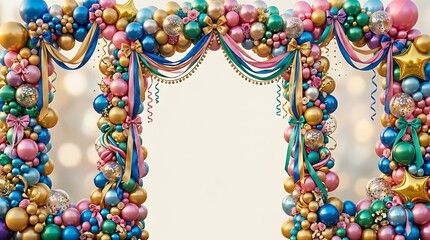 Festive Colorful Balloon Arch and Ribbon Frame for Celebration Event Background