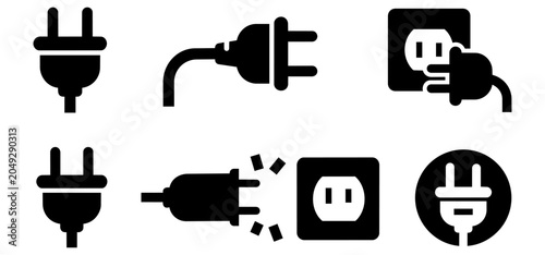 Electric plug, power socket, and wall outlet connection icon set