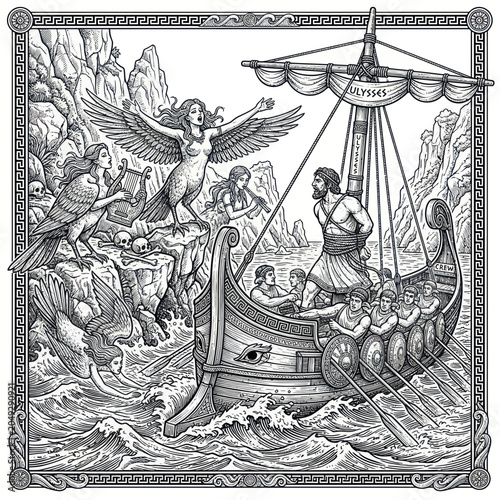 Foto Odysseus and Sirens: Ancient Greek Mythology Illustration