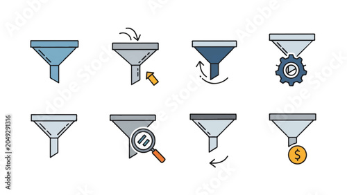 Funnels with various objects and symbols.