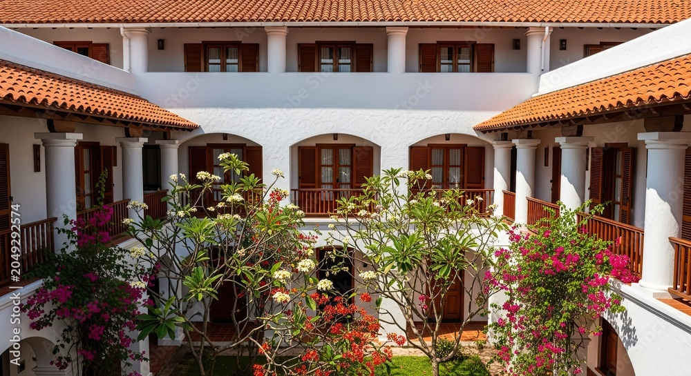 Fototapeta premium Tropical Courtyard Hotel with Blooming Flowers and Spanish Architecture