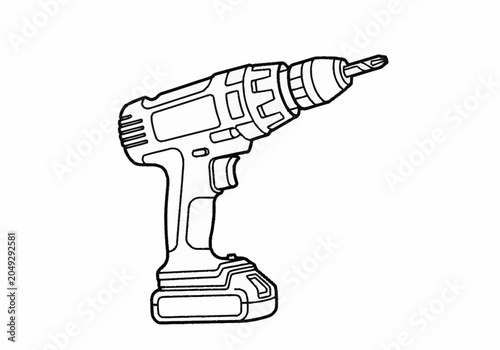 Cordless Drill Line Art Illustration on White Background.