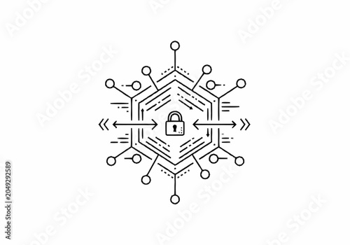 Cybersecurity network protection with padlock icon in hexagonal structure.