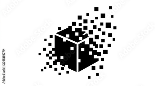 Disintegrating cube pixel art graphic