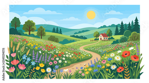 Tableau sur toile Idyllic Countryside Landscape with Wildflowers and Rolling Hills