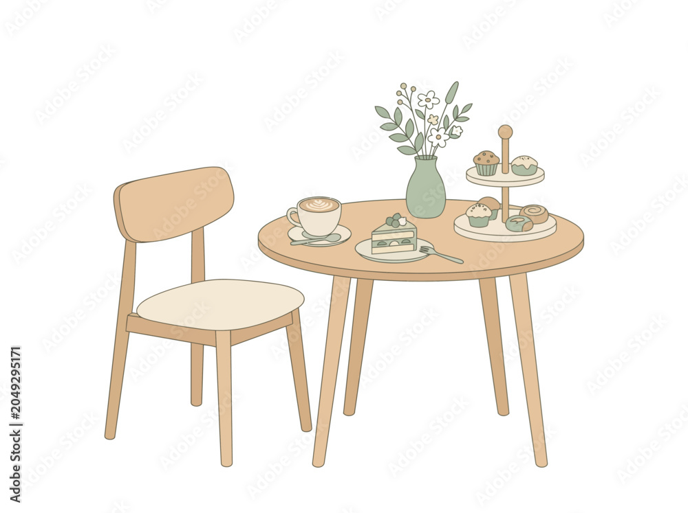 Fototapeta premium a glass of matcha latte, a piece of cake on the table