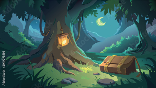 Cuadro en lienzo Vintage satchel resting beside a glowing lantern on a mossy tree trunk in a myst