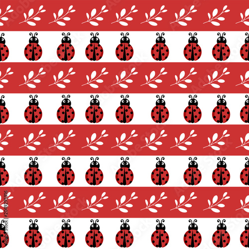 Seamless pattern with cute ladybugs and white leaves on red stripes