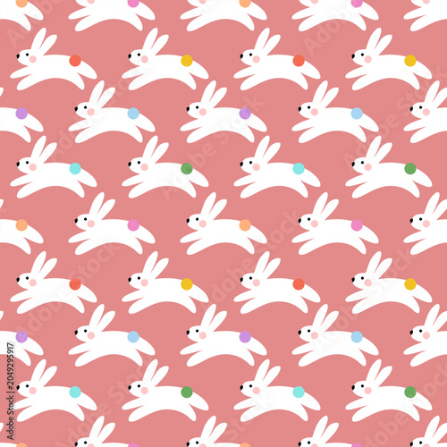 Seamless Pattern of Running White Bunnies with Colorful Tails