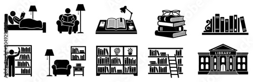 Reading and library icon set black silhouette illustrations