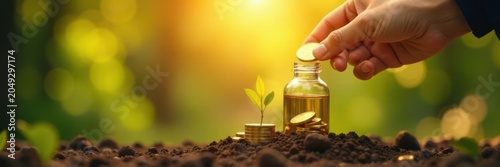 Hand releasing gold coin into bottle, plant growing on golden steps, sunlight , money, plant, stability