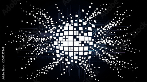 White squares exploding from circuit board on black background