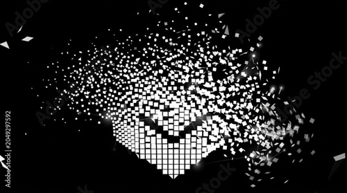 Abstract pixelated heart dissolves into particles on black