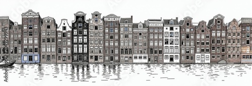 Row of narrow dutch houses on Amsterdam canal waterfront. Old architecture buildings with detailed facades line waterfront. Water reflects facades. Boat passes by.