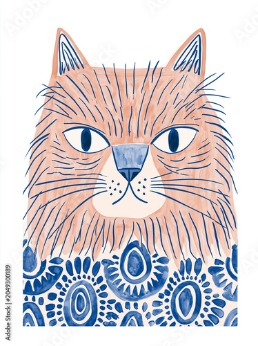 Decorative cat illustration with folk pattern, hand drawn animal design