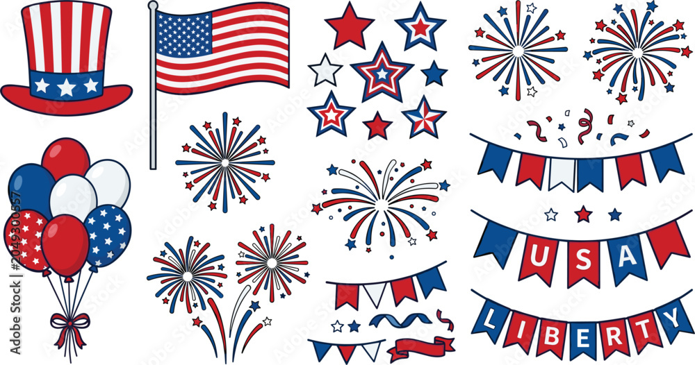 Obraz premium Patriotic American Independence Day vector icon set, fourth of July holiday celebration elements collection