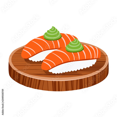 Two salmon nigiri sushi with wasabi on wooden plate