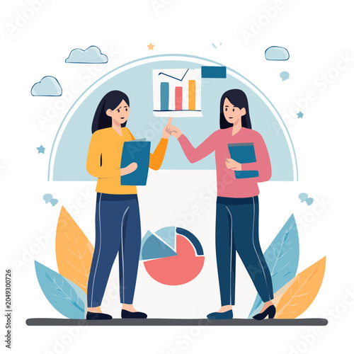 Two women discussing data and charts in flat design style
