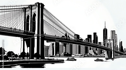 Brooklyn bridge vector and manhattan skyline in black and white