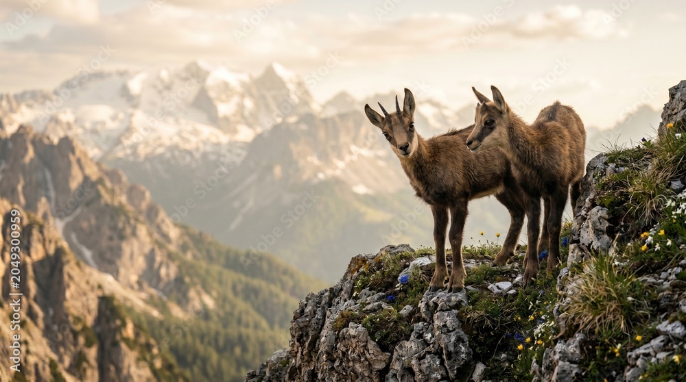 Obraz premium Two mountain goats on rocky cliff.