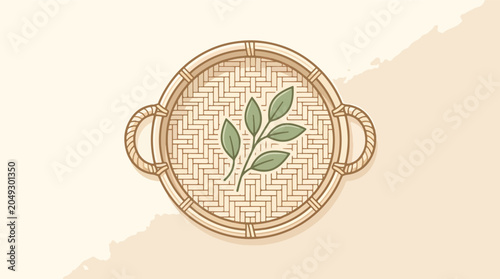 Foto Brown woven basket with green leaves.