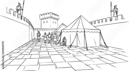 Bild auf Leinwand Medieval castle courtyard and soldier camp line art illustration for coloring pa