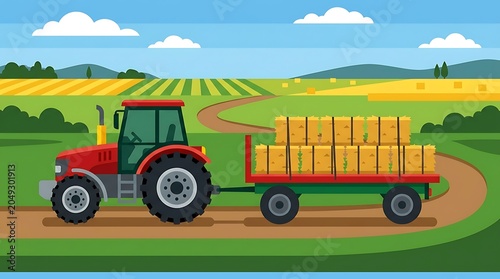 Modern red tractor and trailer vector illustration in farm field