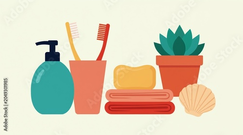 Flat illustration of bathroom items including soap dispenser, toothbrushes, towels and plant. Clean hygiene products arranged neatly for daily routine.