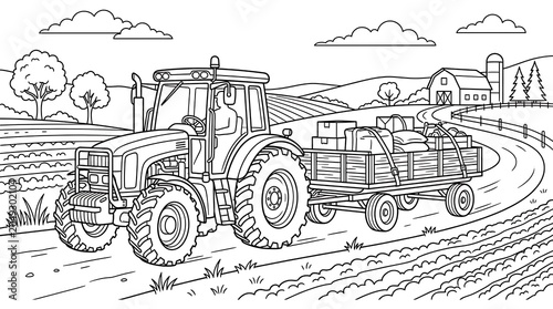 Tractor and trailer vector driving through a farm countryside
