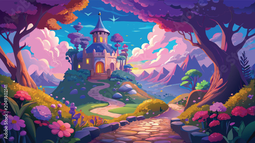Whimsical castle on a hill with vibrant flora during a colorful sunset in a fantasy landscape vector illustration