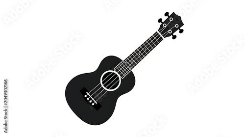 Black silhouette of a small ukulele instrument on white background