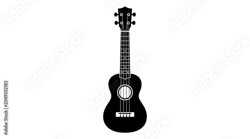 Minimalist black silhouette of a classic ukulele on white background