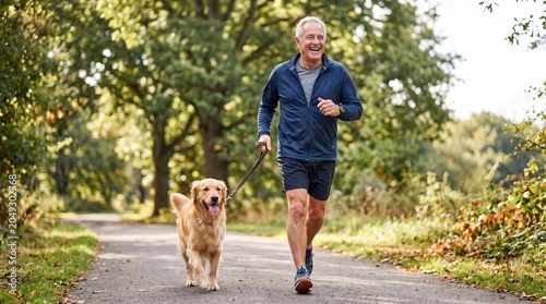 Man jogging with golden retriever dog in park