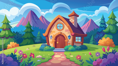 Whimsical fairytale cottage nestled in a vibrant blooming meadow with rolling hills and majestic mountains under a bright sky