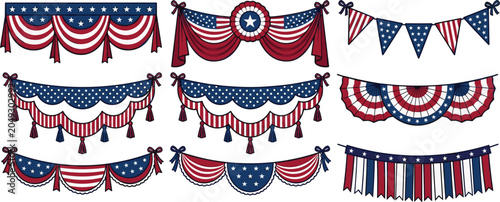Patriotic American flag bunting decoration set, 4th of July party garland vector banner elements