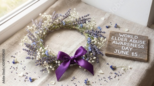 World elder abuse awareness day wreath with purple ribbon on beige fabric