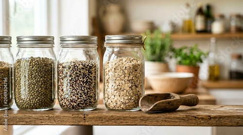 Glass Mason Jars with Grains on Wooden Shelf Zero Waste Pantry