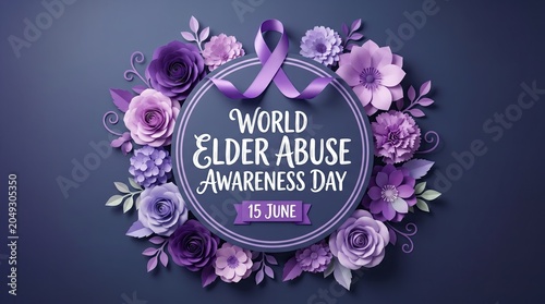 World elder abuse awareness day purple floral design with ribbon on dark background
