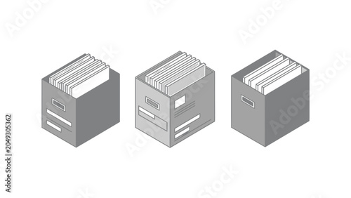 Three isometric grey archive boxes with files inside, isolated on a white background.
