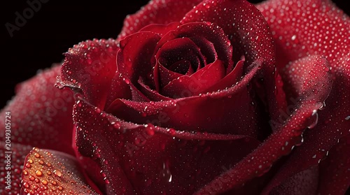 Deep red rose, glistening with dew, on a dark, velvety background