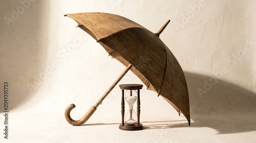 Vintage wooden umbrella and hourglass on beige background
