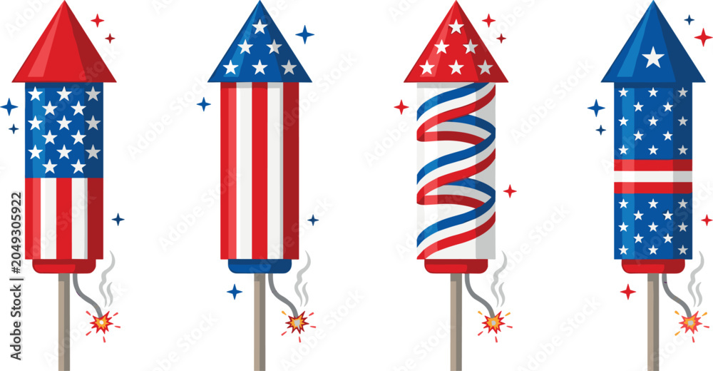 Obraz premium Patriotic 4th of July rocket firework set, American flag stars stripes independence day vectors
