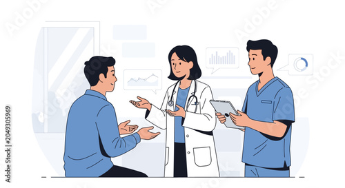 Doctor, Nurse Discuss Patient Health in Clinic with Data Charts