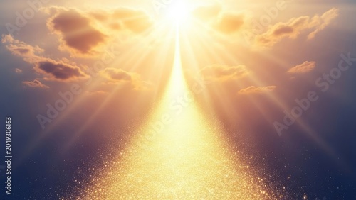 Divine Light Rays Shining Through Clouds Towards Heaven.