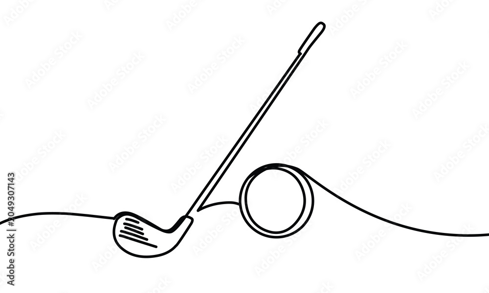 Obraz premium Continuous line drawing of a golf club and ball on the ground in sand bunker art