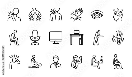 Bild auf Leinwand Office Syndrome Thin Line Icons Set with Workplace Health Problems and Ergonomic