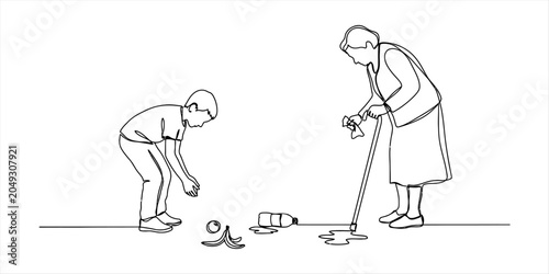 Photography Boy picking up trash, woman cleaning spill